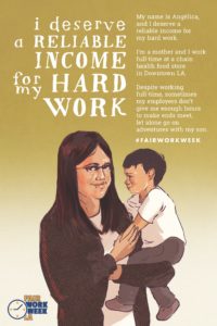 Illustration of Angelica with her infant son. Quote says, "I deserve a reliable income for my hard work." 