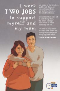 Illustration of Christopher with his mom. Quote says, "I work two jobs to support myself and my mom." 