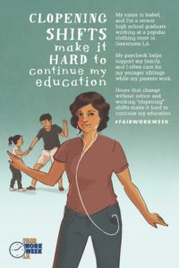 Illustration of Isabel with headphones, her 2 siblings playing in the background. Quote says, "Clopening shifts make it hard to continue my education." 