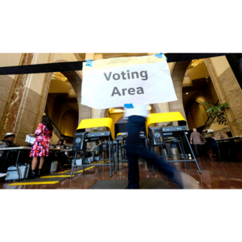 Photo of a polling station with sign reading "Voting Area" pictured in foreground