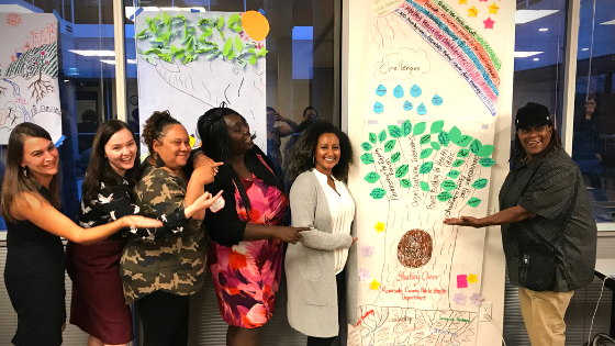 Image of 6 PPH 2018-2019 cohort participants smiling and pointing toward a large poster with sticky notes forming an idea tree