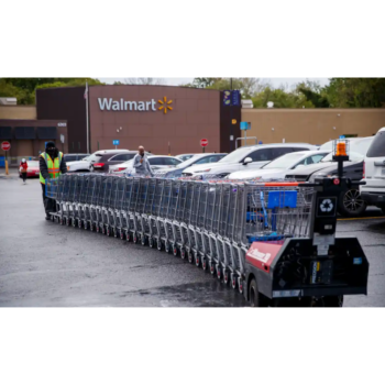 Walmart employee collects a long row of shopping carts in a parking lot.