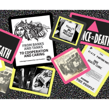 Graphic collage of historical social justice and movement posters including Silence=Death, the Black Panther Party's free food program, and more.