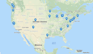 Map of the continental US with blue pins in locations where network members are based