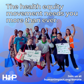 Blue flowery background with white text reading "The health equity movement needs you more than ever" and a group of health equity advocates with protest posters.