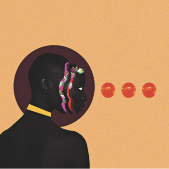 collage graphic of a black person's profile with decorative flowering across face, and three orange moon-like orbs in front of the person's eyes, with orange background.