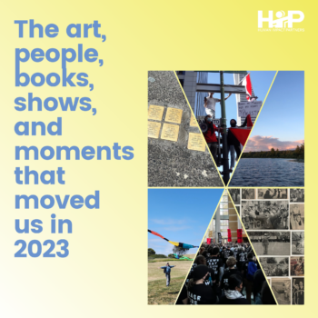 Ombre yellow background with blue text that reads "The art, people, books, and moments that moved us in 2023" with a photo collage on the right with various photos from the year.